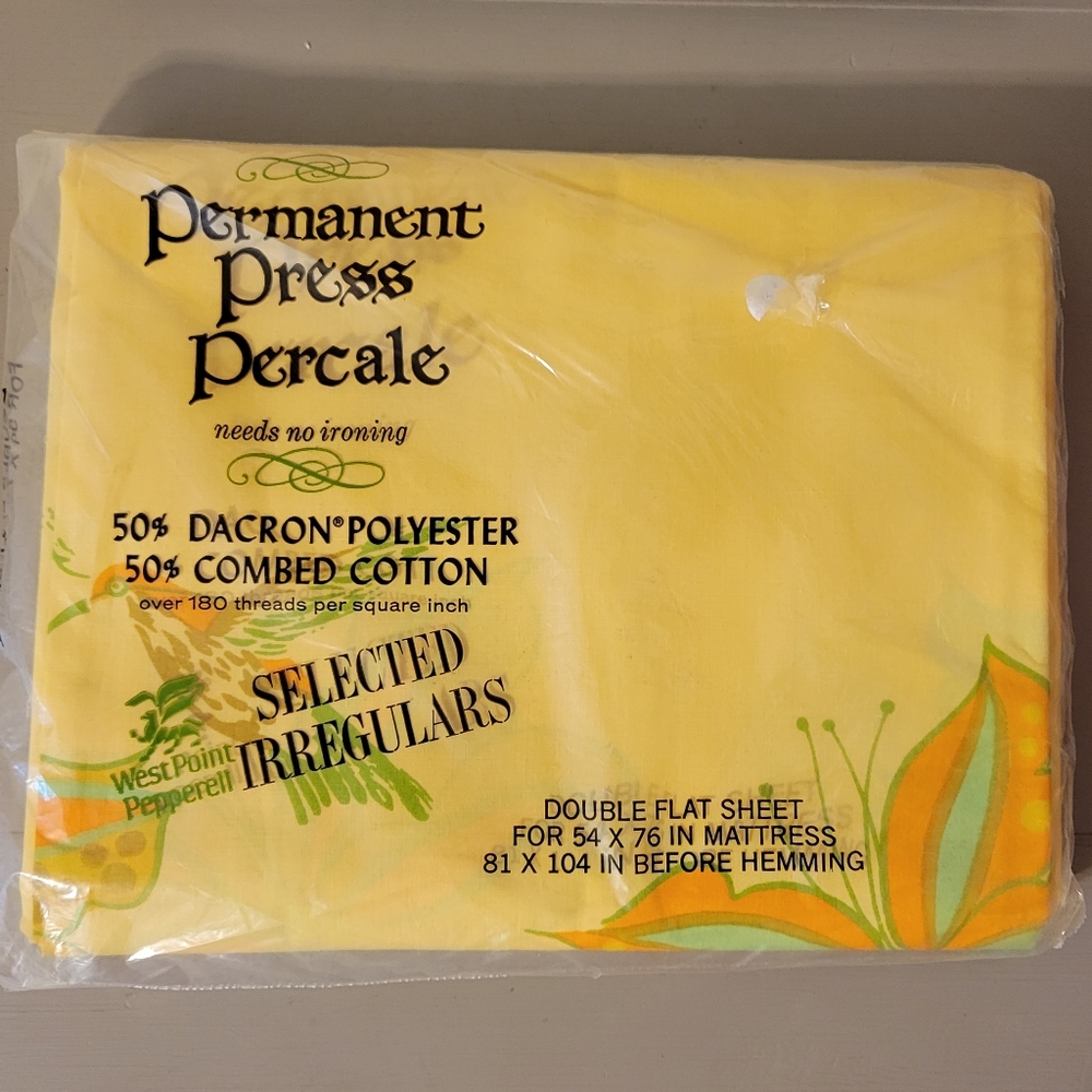 Vintage NOS Pepperell Permanent Press Percale Double Flat Sheet Yellow Floral
